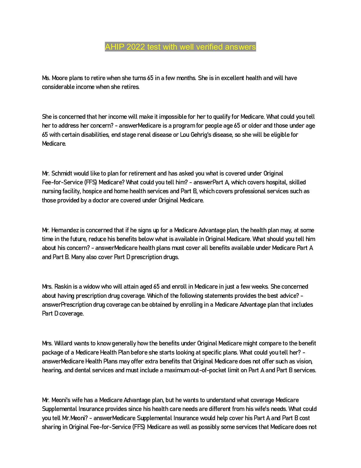 Preview image for AHIP 2022 test with well verified answers